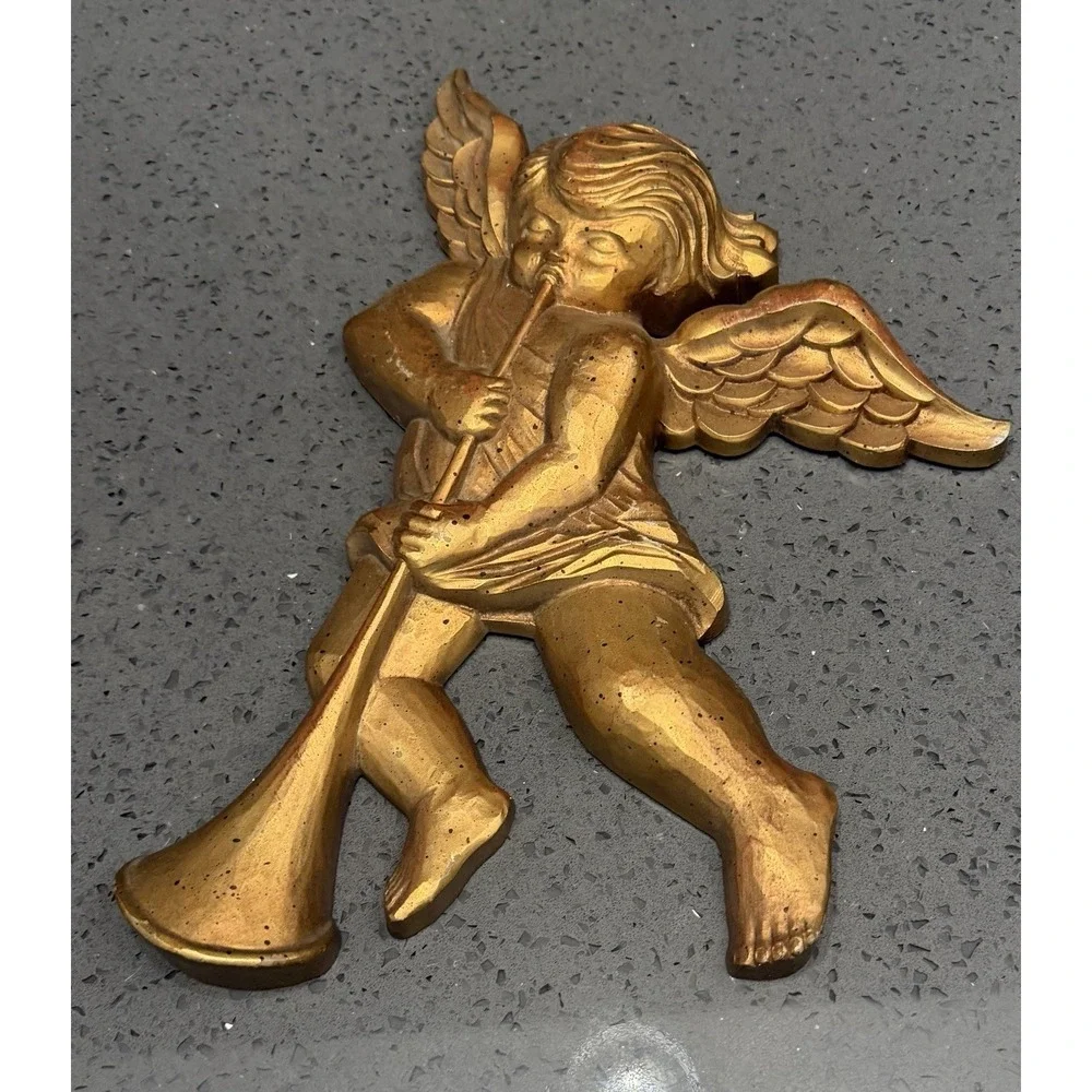 Vtg Cherubs Angels Wall Hanging Decor Gold Playing‎ Horn Set of 2